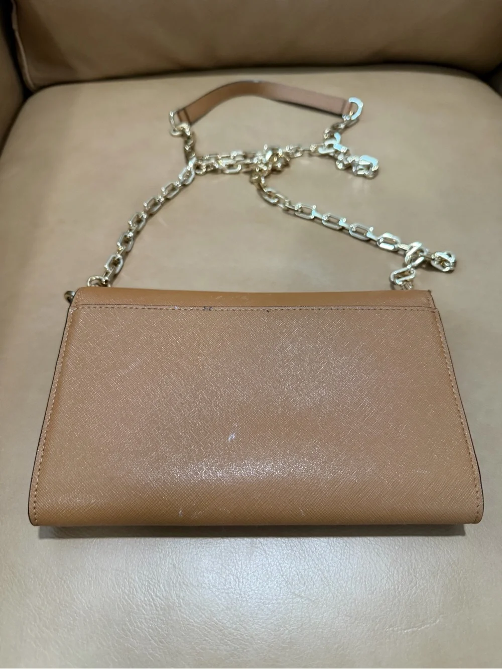 Tory Burch Tan Leather Chain Crossbody with Gold Hardware